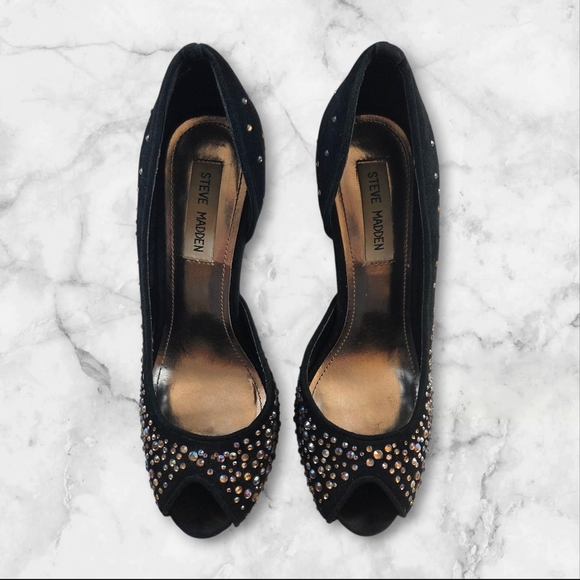Steve Madden Lannaa Suede Heels With Rhinestones And Peek A Boo Toe Size 6 5 - Picture 2 of 7